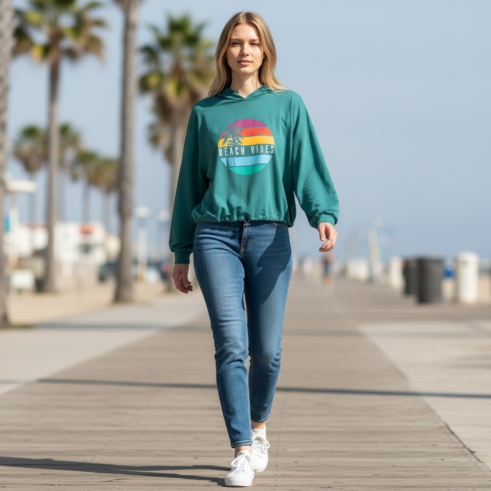 UK2LA Beach Vibes Hoodie Womens Large Teal Graphic Drawstring Hem Sweatshirt